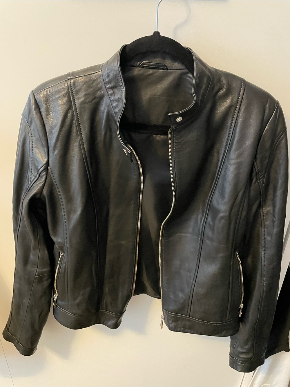Classic Black Lambskin Leather Zip-Front Jacket | Size S
